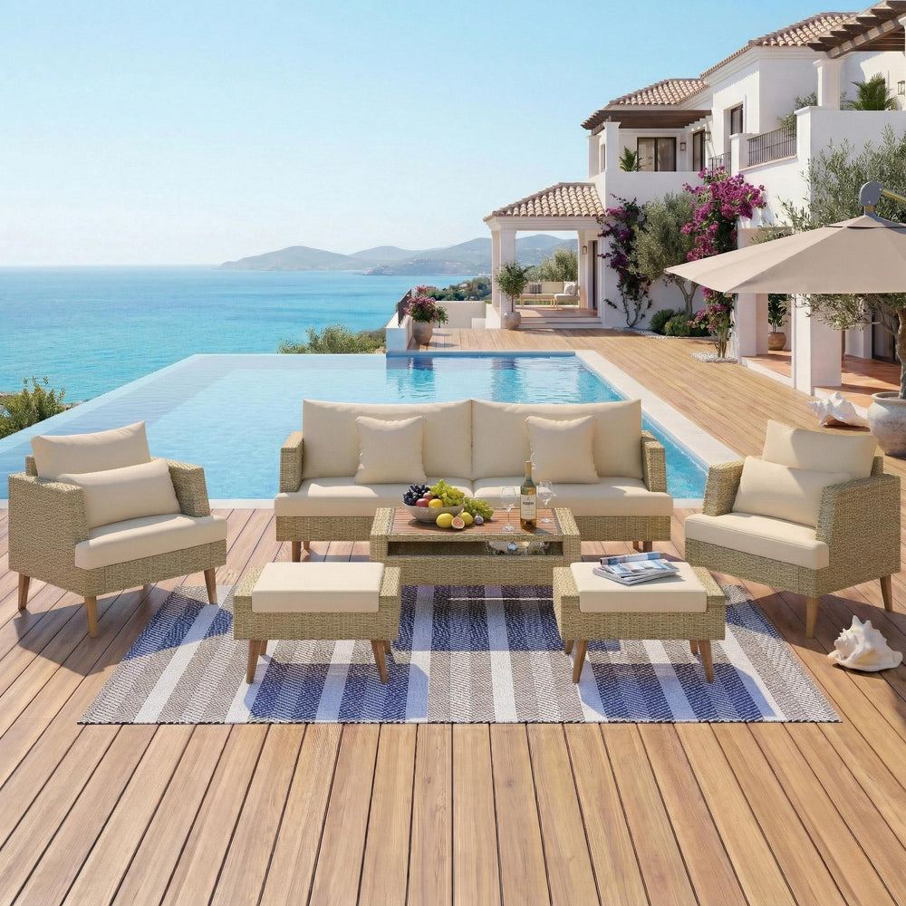 English Elm <old Old Sku Pe Wicker Six Piece Patio Conversation Set Acacia Wood Cushioned Outdoor Sofa Brown N704G201219D