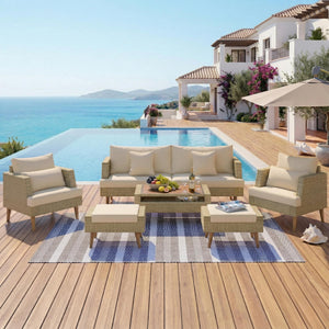English Elm <old Old Sku Pe Wicker Six Piece Patio Conversation Set Acacia Wood Cushioned Outdoor Sofa Brown N704G201219D