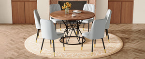 English Elm Table Set Oval Tempered Glass Top with Six Brown Fabric Chairs for Modern Dining W1151S04840