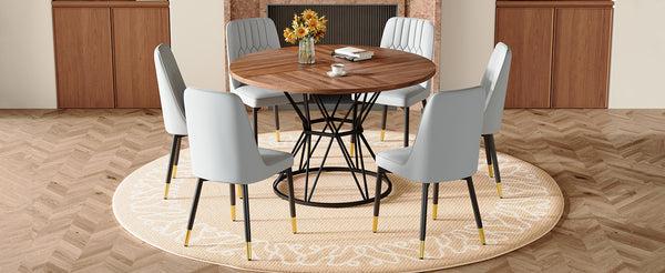 English Elm Table Set Oval Tempered Glass Top with Six Brown Fabric Chairs for Modern Dining W1151S04840