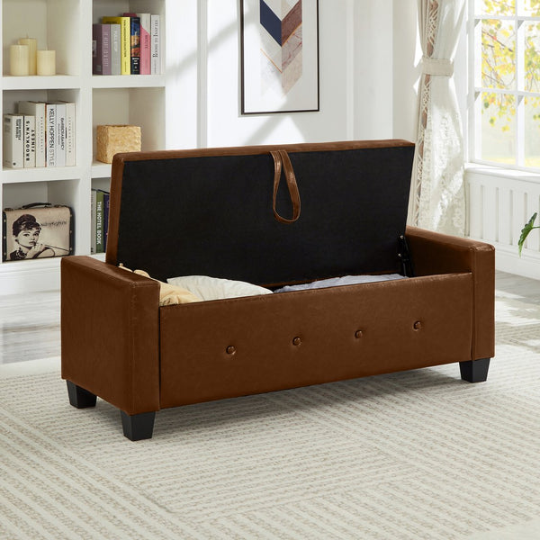 English Elm 48" Storage Ottoman Bench with Tufted Faux Leather Upholstery, Solid Wood Frame & 300lb Capacity Brown W1097P338778