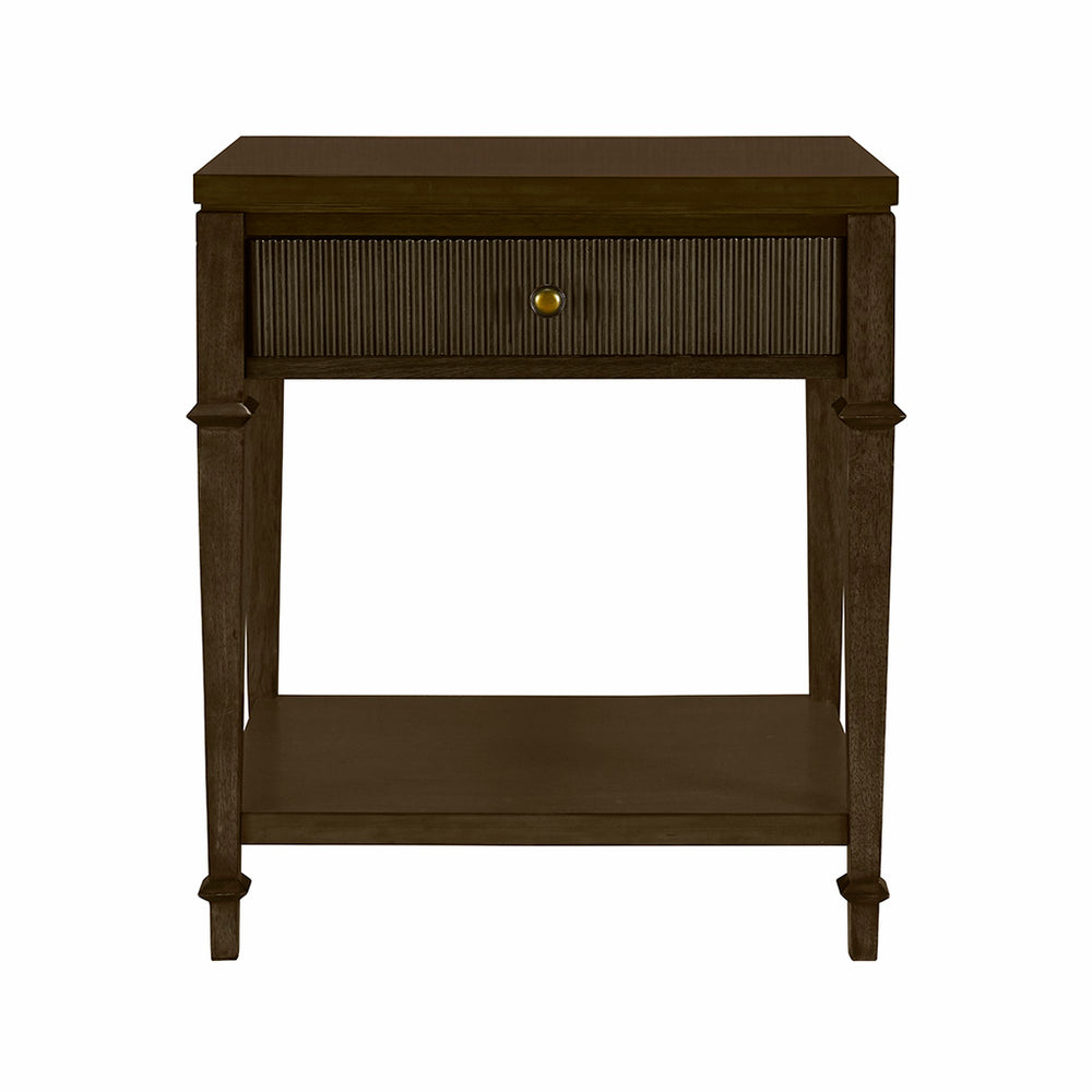 JLA Home Martha Stewart - Nightstand Kenna — Rich Dark Brown Wood Veneer, Antique Gold Knob, Fluted Drawer & Open Shelf Elegance MT136-1207