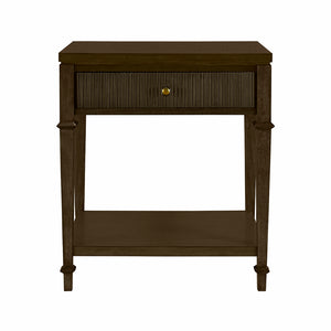 JLA Home Martha Stewart - Nightstand Kenna — Rich Dark Brown Wood Veneer, Antique Gold Knob, Fluted Drawer & Open Shelf Elegance MT136-1207
