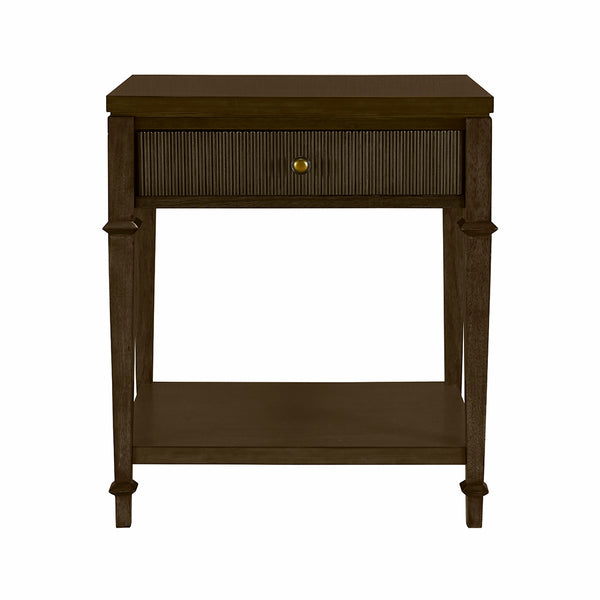 JLA Home Martha Stewart - Nightstand Kenna — Rich Dark Brown Wood Veneer, Antique Gold Knob, Fluted Drawer & Open Shelf Elegance MT136-1207