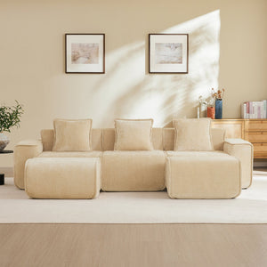 English Elm Streamlined Velvet U-shape Modular Sectional Sofa with Ottomans French Piping Cloud Foam Light Camel W3041S00353