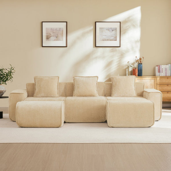 English Elm Streamlined Velvet U-shape Modular Sectional Sofa with Ottomans French Piping Cloud Foam Light Camel W3041S00353