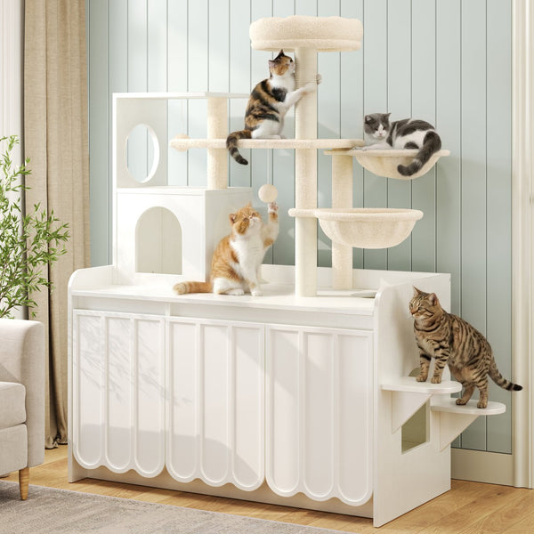 English Elm 50.6" Modern White Cat Tower with Litter Enclosure Sisal Posts Hammock and Perch N704P443505K