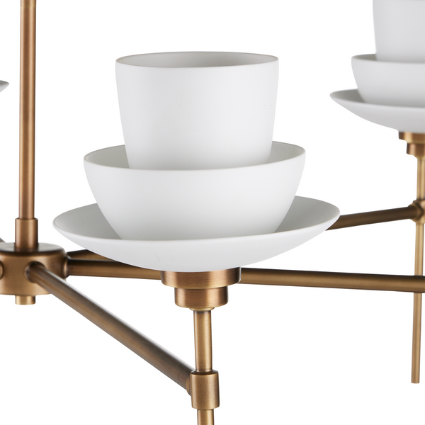 Etiquette Chandelier - Mid-Century Modern Antique Brass Fixture with Bone China Cups & Adjustable Design