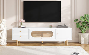 English Elm 70 Modern TV Stand for TVs up to 80" with Rattan Accents, Smooth Drawers, Flip-Up Storage, Durable Design White N710P339470W