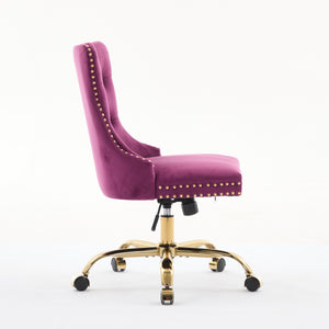 English Elm A&A Elegant Chenille Tufted Office Chair with Hand-Pulled Buttons, Nailhead Trim & Gold Chrome Base Purple W1143P369101