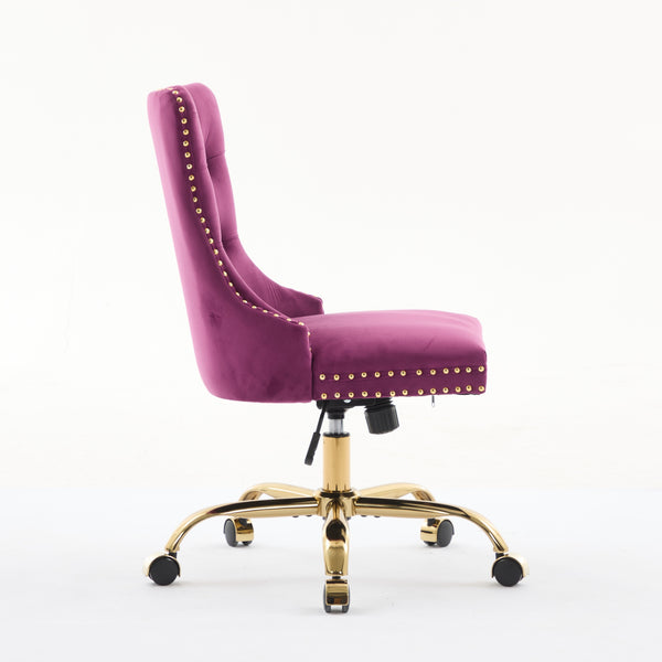 English Elm A&A Elegant Chenille Tufted Office Chair with Hand-Pulled Buttons, Nailhead Trim & Gold Chrome Base Purple W1143P369101