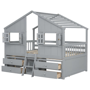 English Elm Full Size House Loft Bed With Roof & Windows, 4 Storage Drawers, Safe Pine Frame In Grey Finish W504S00241