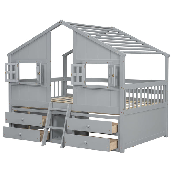 English Elm Full Size House Loft Bed With Roof & Windows, 4 Storage Drawers, Safe Pine Frame In Grey Finish W504S00241