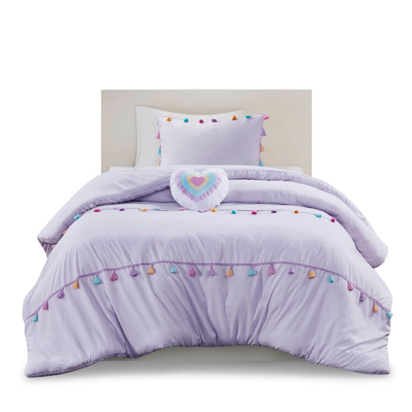 English Elm 3 Pcs Twin Tassel Comforter Set With Heart Pillow - Soft Lavender Bedding For Kids & Teens' Rooms B035P319894