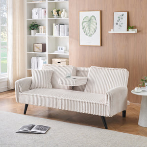 English Elm Minimalist Corduroy Sofa with Adjustable 3-Angle Recline, Dual Cup Holders, Solid Wood Frame White W1658P251978