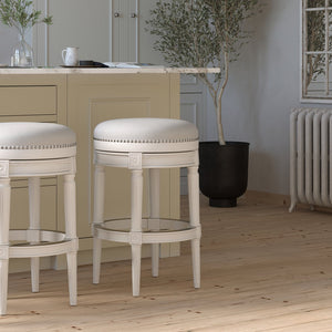 English Elm 31in. Swivel Barstool Faux Leather Seat Nailhead Trim Carved Walnut Frame Kitchen Bar White B2751P436437