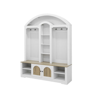 English Elm Multi-functional Hall Tree with Mdf Body Open Shelves Hooks and Scandinavian Two-tone Style White+Walnut SJ000158AAK