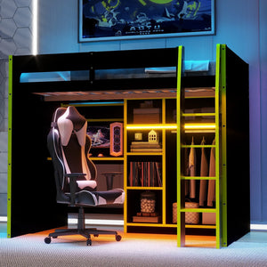 English Elm Full Size Loft Bed with Rgb Lighting Desk Open Wardrobe and Storage for Gaming Rooms Green LT000277AAG