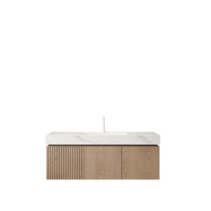 English Elm Muri Floating Bathroom Vanity Plywood Cabinet Sintered Stone Top Woodgrain Finish W2615S00627