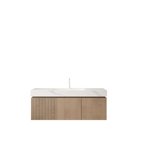 English Elm Muri Floating Bathroom Vanity Plywood Cabinet Sintered Stone Top Woodgrain Finish W2615S00627