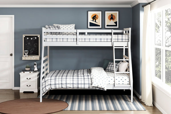 English Elm Twin Twin-over-Twin Bunk Bed with Guard Rails and Integrated Ladder, Oak-Veneer Durable Frame, Space-Saving Design White 58.5 L x 34.5 W x 7 H B011S01856