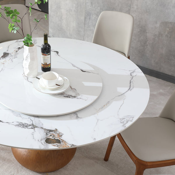 English Elm 53" Round Sintered Stone Dining Table With Lazy Susan - Compact Marble Look For Modern Homes W2699S00019