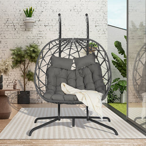 English Elm Double Hanging Egg Chair Wicker Freestanding Swing Seat for Patio Balcony Bedroom W874P270571