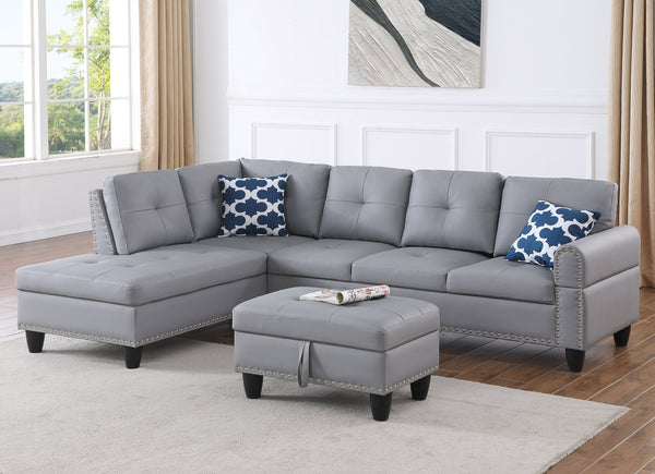 English Elm Irine Faux Leather Sectional Sofa with Ottoman, Storage Ottoman, Nailhead Trim, Cup Holders, Classic Comfort Gray B102S00069