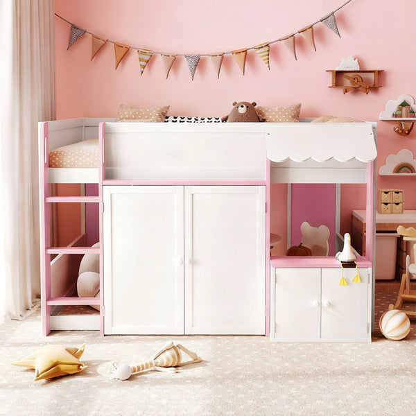 English Elm Twin House Loft Bed with Pull Out Rolling Desk Stair Drawers and Cabinet Storage N820S00074H