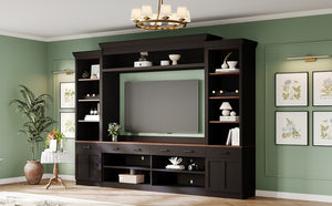 English Elm On-Trend Farmhouse 4-Piece Tv Entertainment Wall Unit For 70" Tvs, Walnut Finish & Wine Rack Storage N721S000046B-GIGA