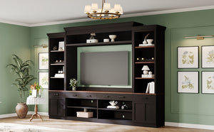 English Elm Farmhouse Mid-century Entertainment Center Walnut Black with Wine Rack for Living Room N721S000046B-2