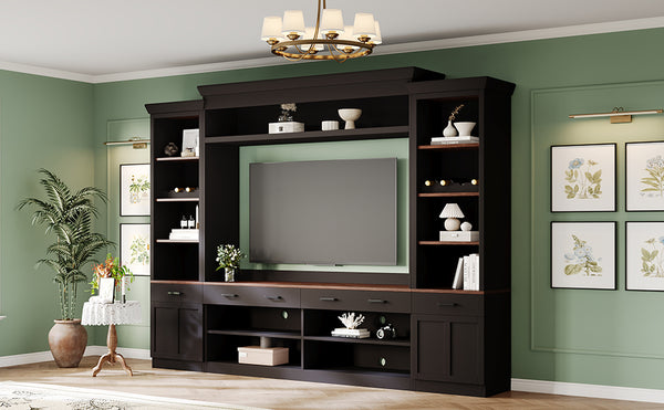 English Elm Farmhouse Mid-century Entertainment Center Walnut Black with Wine Rack for Living Room N721S000046B-2