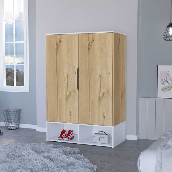 English Elm Rose Double Door Armoire with Hanging Rod, 7 Shelves, Multicolor Particle Board, Space-Saving Storage B128S00114