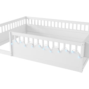 English Elm Full Montessori floor bed offering high rails, built-in light and shelf for safe independent sleep and storage White 79.13 L x 13 W x 6.3 H W2593P333586