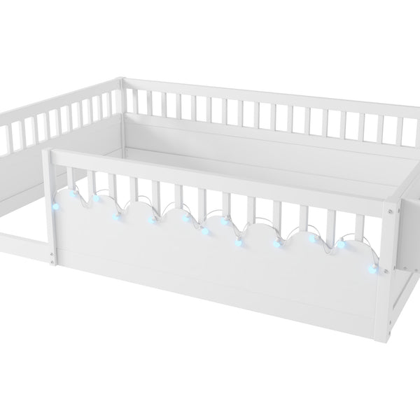English Elm Full Montessori floor bed offering high rails, built-in light and shelf for safe independent sleep and storage White 79.13 L x 13 W x 6.3 H W2593P333586