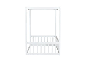 English Elm Twin Canopy Floor Bed Rubberwood Frame with Fence Guardrails for Kids Bedroom White W504P351802