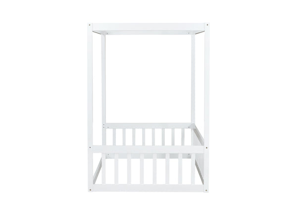 English Elm Twin Canopy Floor Bed Rubberwood Frame with Fence Guardrails for Kids Bedroom White W504P351802