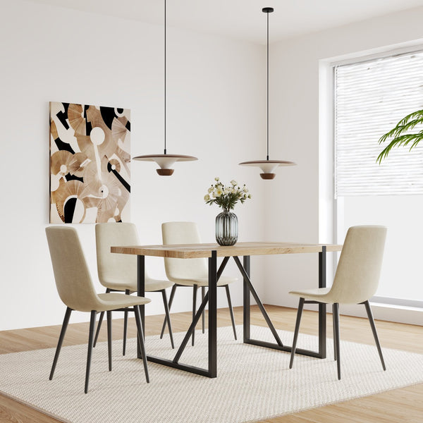 English Elm 55" Mid-century Mdf Square Dining Table with 4 Linen Chairs Metal Leg 5 Piece Set Natural+Beige W3732S00011