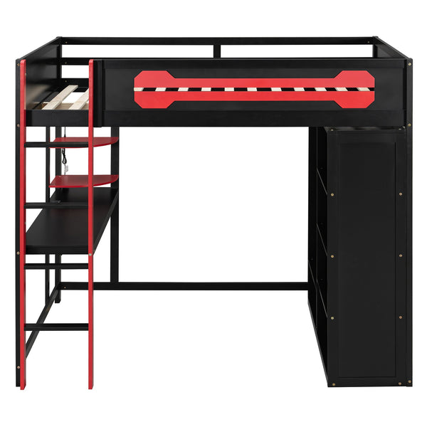 English Elm Full Size Gaming Loft Bed with Rgb Lighting Integrated Desk and Open Wardrobe N820S00073J