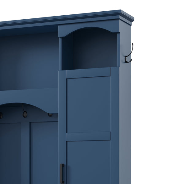 English Elm On-trend Farmhouse Hall Tree with Dual Cabinets Seven Hooks and Arched Entryway Storage Blue N721S000078C