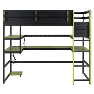 English Elm Twin Loft Bed with Rgb Lighting Usb Ports Wraparound Shelves and Gaming Desk Green LT000298AAF