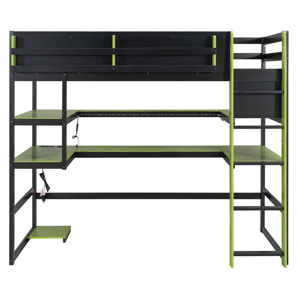 English Elm Twin Loft Bed with Rgb Lighting Usb Ports Wraparound Shelves and Gaming Desk Green LT000298AAF