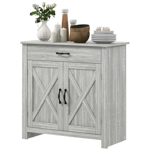 English Elm HOMCOM Rustic Farmhouse Sideboard Buffet Cabinet with Barn Doors, Drawer & Adjustable Shelves for Entryway Stone Gray W2225P229123
