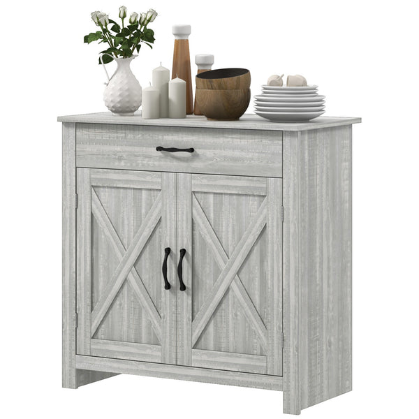 English Elm HOMCOM Rustic Farmhouse Sideboard Buffet Cabinet with Barn Doors, Drawer & Adjustable Shelves for Entryway Stone Gray W2225P229123