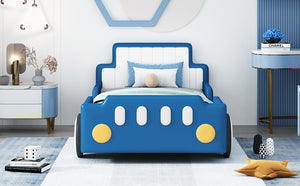English Elm Twin Race Car-Shaped Platform Bed with Safety Rails and Sturdy Slats for Kids’ Room Comfort Blue SF000127AAC