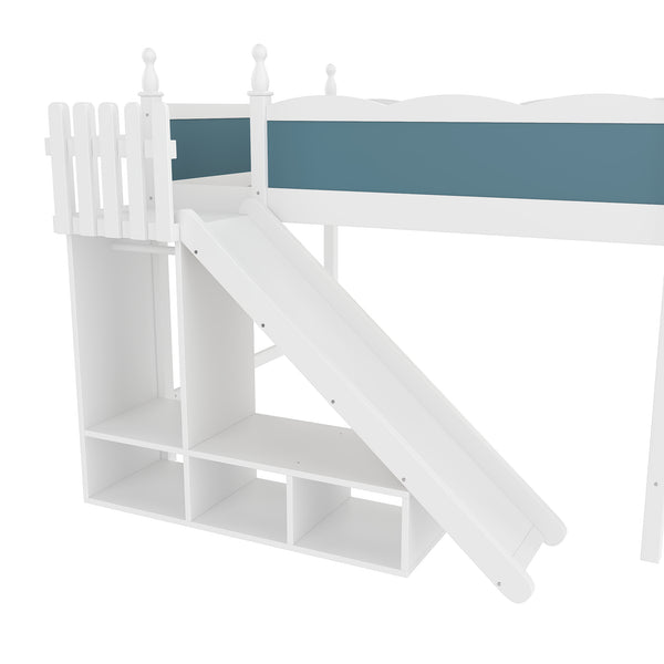 English Elm Queen Solid Pine Loft Bed with Wardrobe Shelves Detachable Slide and Dual Sleeping Zones Blue,Off White W5305S00029
