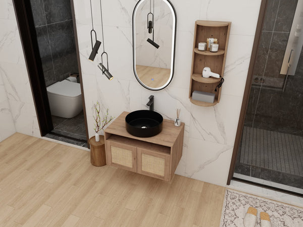 English Elm 30" Floating Bathroom Vanity Oak Finish Ceramic Vessel Sink Soft Close Plywood Cabinet W999S00502