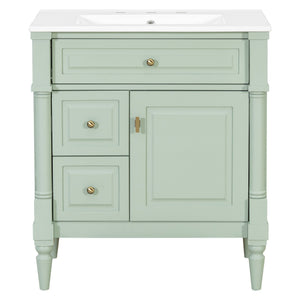 English Elm 30" Freestanding Bathroom Vanity Rubberwood Frame Ceramic Sink Flip Drawer Storage Green N725P356062F