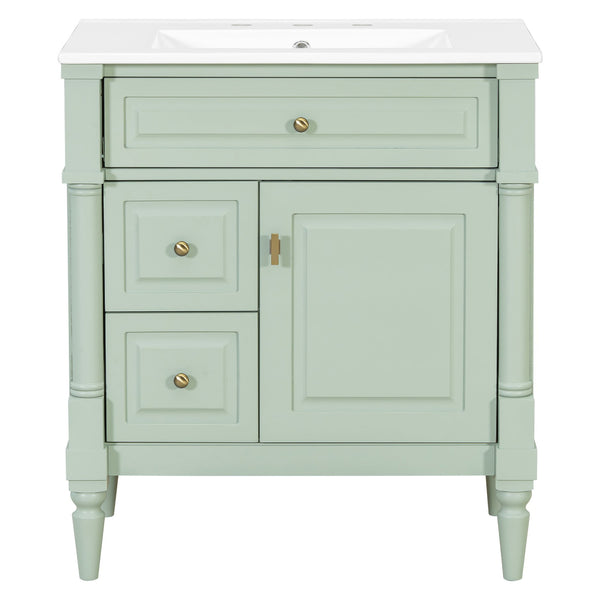English Elm 30" Freestanding Bathroom Vanity Rubberwood Frame Ceramic Sink Flip Drawer Storage Green N725P356062F