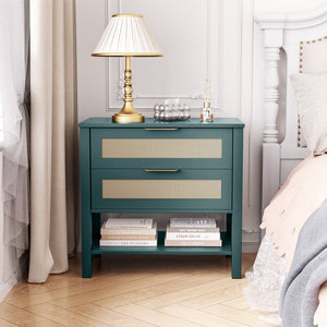 English Elm Rattan Front Boho Coastal Nightstand with Gold Pulls Open Shelf and Woven Drawer Accents Green T3210P471550